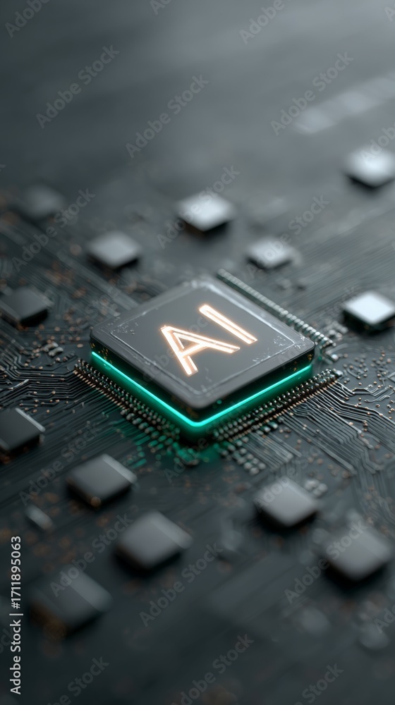 Poster glowing ai microchip integrated within electronic circuit, representing technological innovation, ma