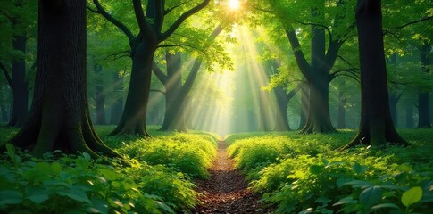 Obraz premium Sun-dappled forest floor, lush green foliage, ancient trees, sunlight filtering through leaves, serene and peaceful woodland scene, vibrant natural beauty , scenic, peaceful, tranquility