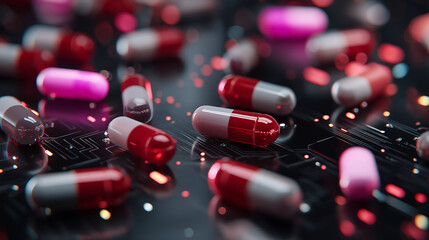 Futuristic cyberpunk scene with medicine and pills in hacker style