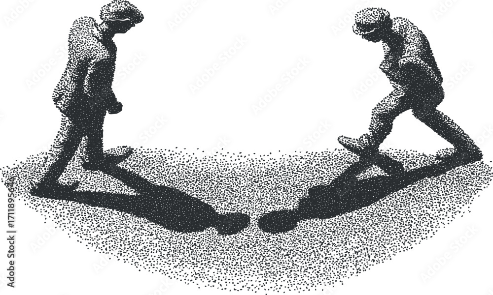 Poster two figures walking towards each other creating abstract shadows on a minimalist background.