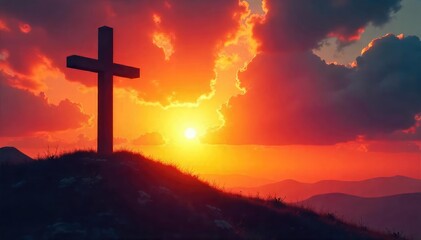 A symbolic depiction of Christian salvation; a cross silhouetted against a vibrant sunrise, representing hope, redemption, and new beginnings , blessing, gospel