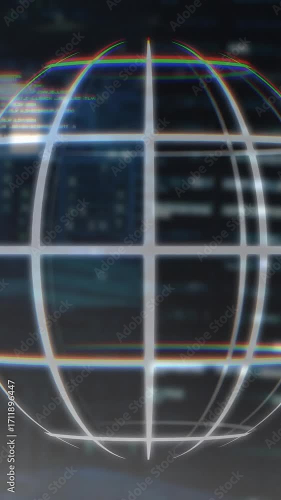 Poster animation of globe with data processing over cityscape