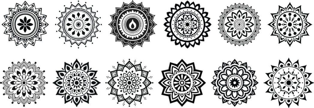 Mandala circle set big collection: black colour frame, dussehra, diwali, deepavali, durga, puja, festive, indian, decoration, event, yellow, orange,  holi, krishna, janmashtami, 