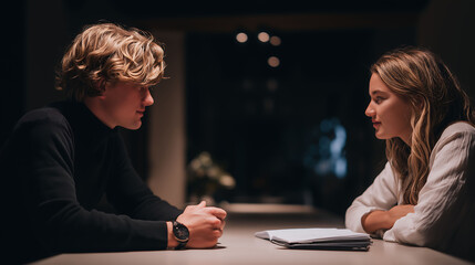 Two young founders in deep discussion at a modern table, notebook between them. Shot with Canon EOS R5, 50mm lens, cinematic lighting