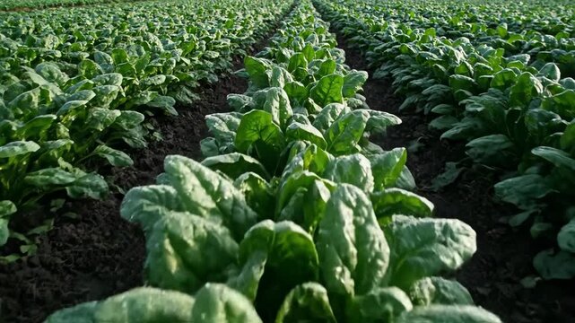 Rows of leafy green spinach plants in a field viewed at ground level with dark soil between the rows