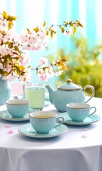 Fototapeta premium Elegant Spring Afternoon Tea Party with Pastel Light Blue Porcelain Tea Set and Pink Cherry Blossoms on a White Tablecloth Outdoors