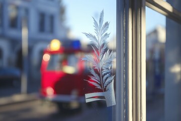 Fototapeta premium Etched leaf design on window, blurred city scene, fire truck