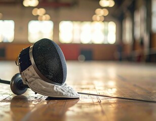 Fencing mask and foil resting on a wooden floor in a gymnasium.