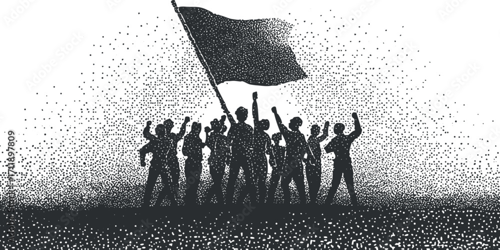 Poster silhouette of a protest group raising a flag, symbolizing unity and social change.