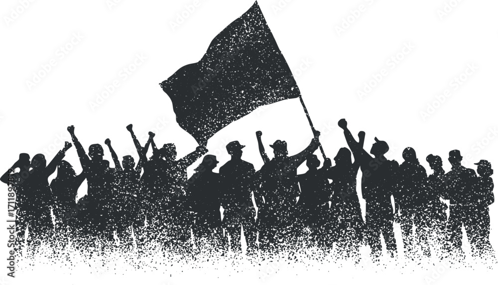 Poster silhouette of a crowd raising hands and a flag in a show of unity and protest.