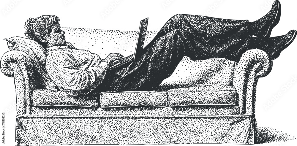 Poster A man relaxing on a sofa while working on his laptop in a comfortable home setting.