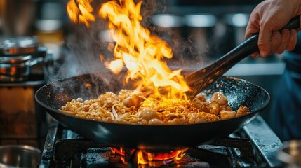 Chef Cooking Noodles in Hot Wok with Flames