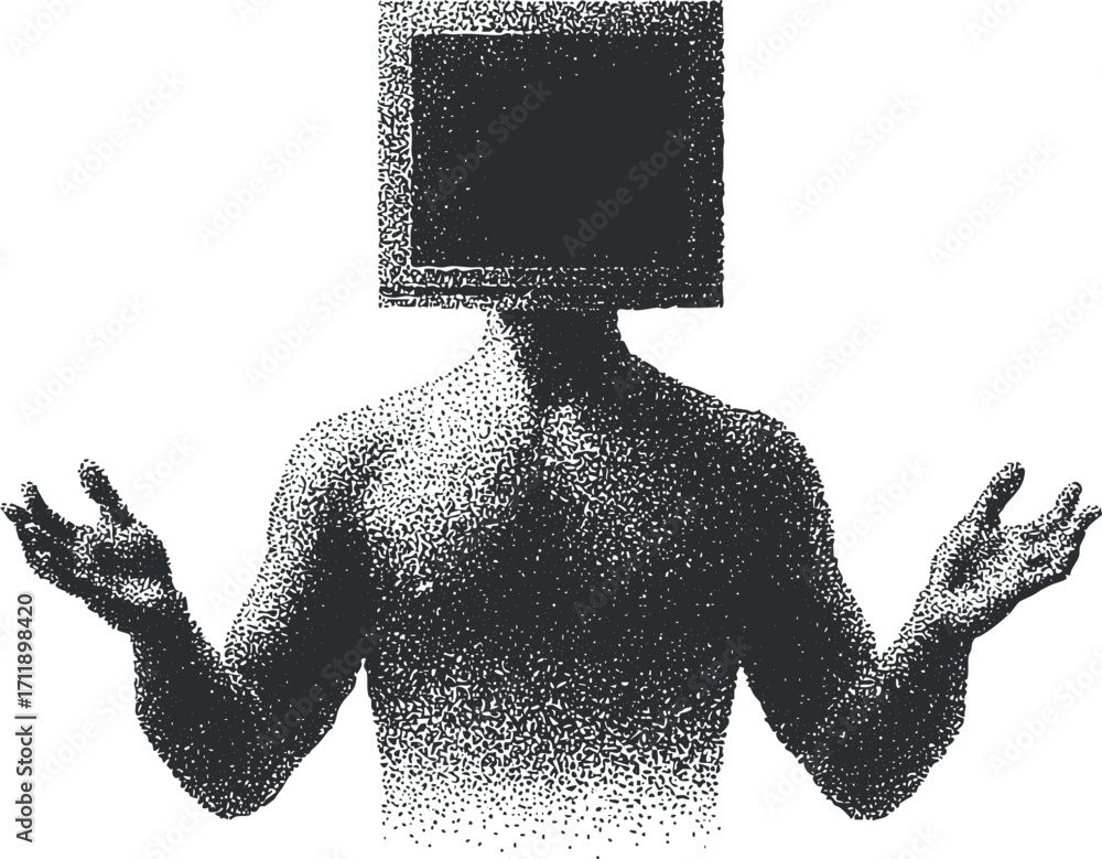 Aufkleber a conceptual artwork depicting a person with a computer monitor for a head, symbolizing digital iden