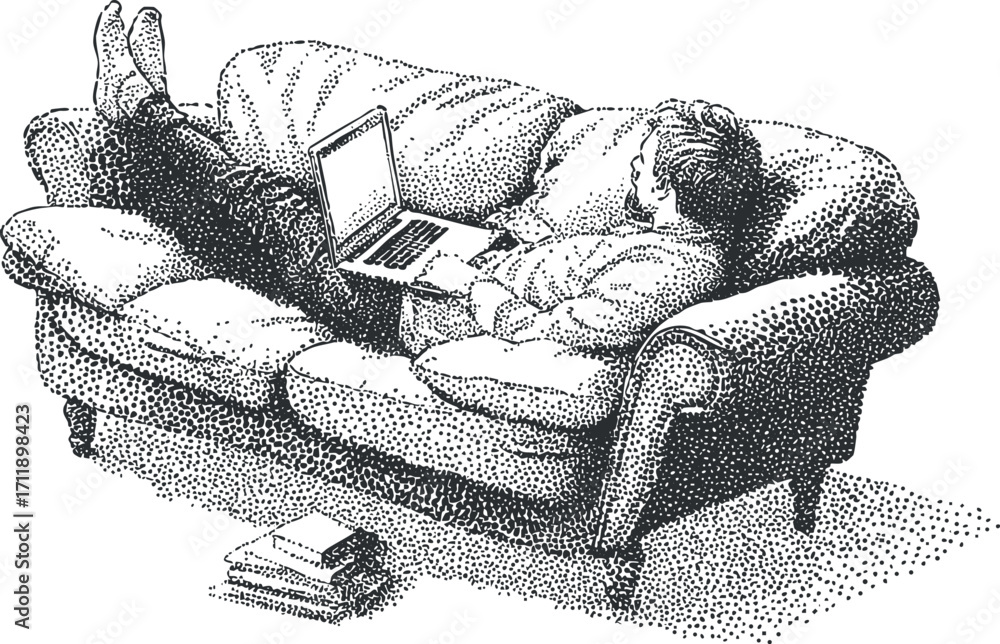Poster a person lounging on a sofa using a laptop in a relaxed home setting.