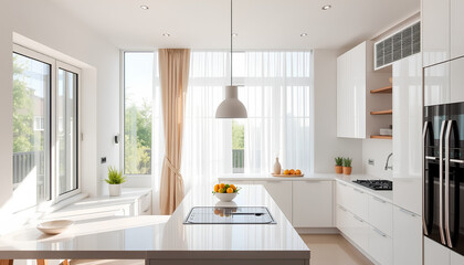 Bright smart kitchen with curtain automation system, solar-powered home tech features, clean layout, intelligent design, eco-friendly