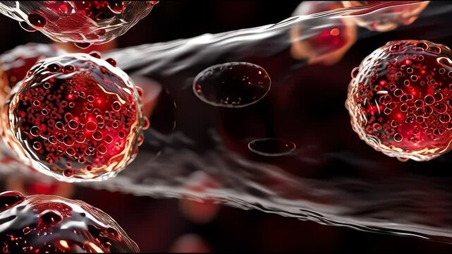 Microscopic biology illustration of red cortisol hormone molecule flowing. Intense science concept of stress hormone
