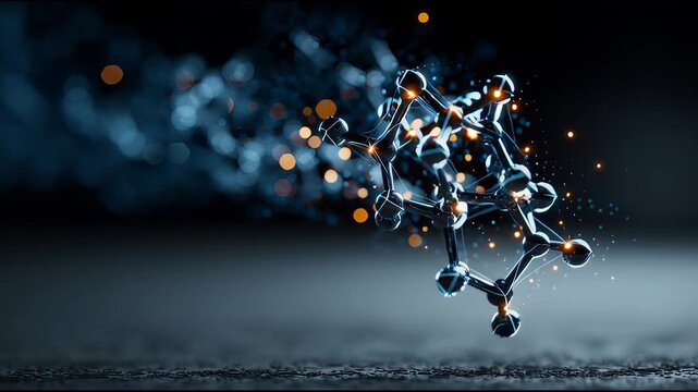 Futuristic stylized 3D model of complex cortisol molecule floating and disintegrating in mysterious dark background