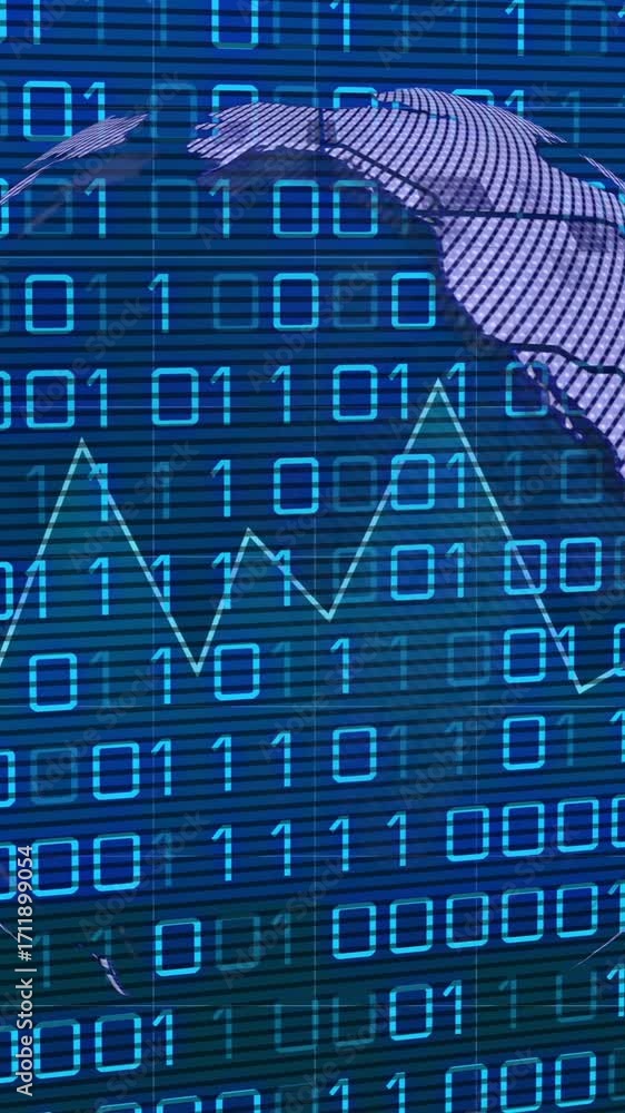 Poster binary code and globe with financial data animation over blue digital background