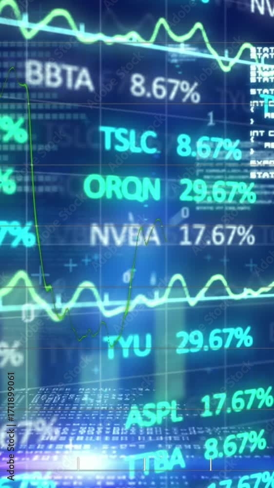 Poster animation of statistical and stock market data processing and light spots against blue background