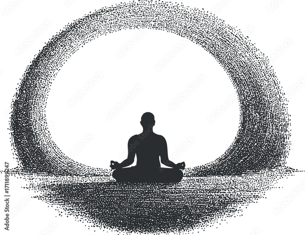 Poster a serene silhouette of a person meditating surrounded by a circular pattern symbolizing tranquility.