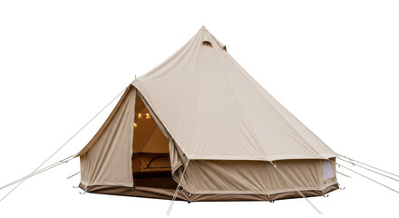 Spacious beige canvas bell tent setup for outdoor camping adventure isolated on transparent background