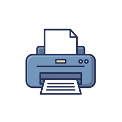 A modern blue printer icon is actively printing a document, symbolizing office productivity, digital to physical conversion, and essential communication in a professional setting.