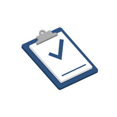 A simple isometric illustration of a blue clipboard with a white paper featuring a prominent blue checkmark, symbolizing successful completion or approval of a task.