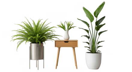 Three lush potted houseplants create a stylish modern indoor greenery display isolated on transparent background