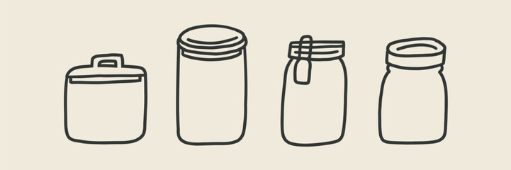 Glass Jar Icon Set. Empty Mason Bottle Jam. Doodle Vector Illustration