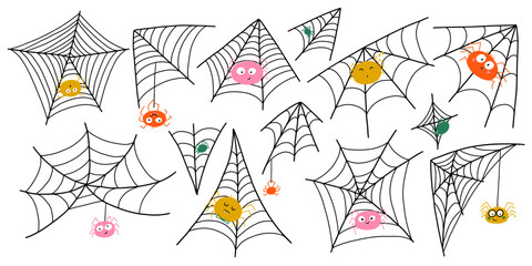 Halloween Spider Web Icon Set. Cobweb Spiderweb Corner Net. Doodle Vector Illustration