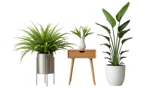 Three lush potted houseplants create a stylish modern indoor greenery display isolated on transparent background - Powered by Adobe