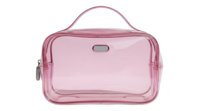 Transparent pink cosmetic bag with handle and zipper stylish travel organizer isolated on transparent background