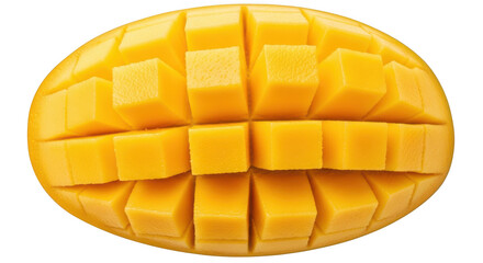 Ripe mango sliced into cubes revealing juicy golden flesh studio shot isolated on transparent background