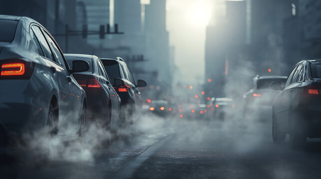 Congested city street filled with cars emitting exhaust fumes, illustrating air pollution issue