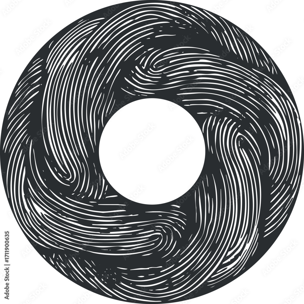 Poster an abstract circular design featuring swirling lines in a black and white pattern.