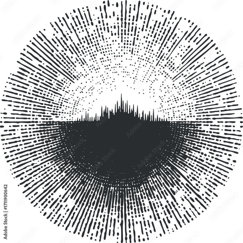 Poster abstract radial design featuring a dynamic burst of lines and dots in black and white.