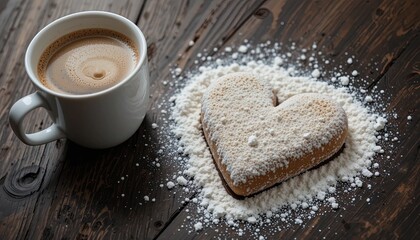 A heart-shaped cookie, dusted with powdered sugar, rests beside a cup of coffee on a dark wooden table.