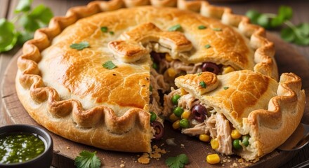 Close-up shot of a golden-brown chicken pot pie with a slice cut out, revealing the filling.