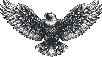 Obraz premium A detailed black and white illustration of a majestic eagle with outstretched wings.