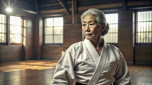 Senior japanese woman in white karate gi with black belt stands focused in wooden dojo, warm sunlight on floor, shoji windows blurred in background, close-up view, concept of disciplined mindful aging