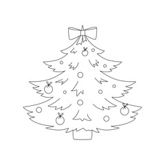 Cute winter kids coloring page with Christmas tree. Black and white cartoon vector illustration with simple shapes