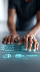 Software engineer interacts with a futuristic holographic display, analyzing data and navigating through an advanced user interface with innovative technology