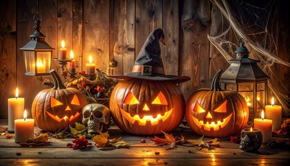 Fototapeta premium Spooky Halloween Pumpkins and Candles Display on Rustic Wood Surface
