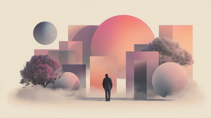 Surrealist art poster inspired by Dal?, person in dreamlike composition with gradients and muted tones, high-resolution detail, imaginative atmosphere