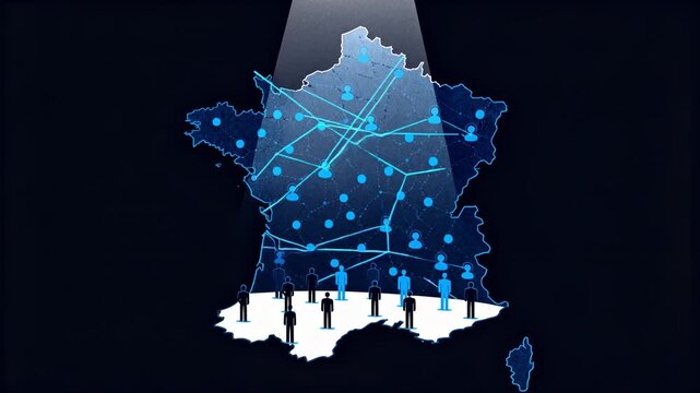 France map with digital network, population icons and spotlight for data, demographics and connectivity concept on dark background