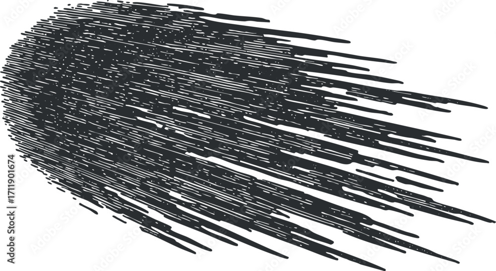 Poster abstract illustration of a comet or asteroid in motion with dynamic streaks and lines.