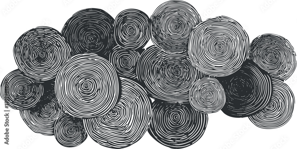 Poster a collection of stylized wood rings in black and white creating a modern abstract pattern.