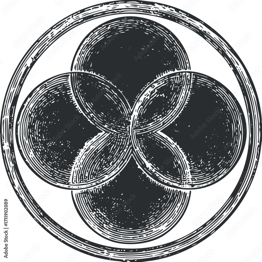 Poster an abstract circular design featuring four interlocking circles in a vintage style.