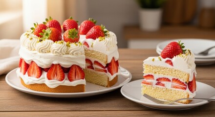 Delicious strawberry shortcake with whipped cream and fresh strawberries, perfect for dessert.