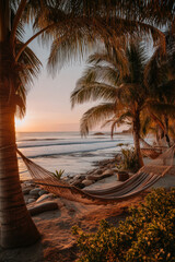 A beachfront vacation rental with hammocks. People watch the waves at sunset